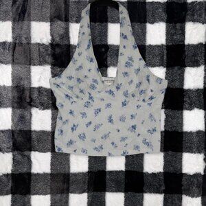 Y2K Lacy Floral Halter Crop Top Lace Trim Blue White Floral Print Size Medium